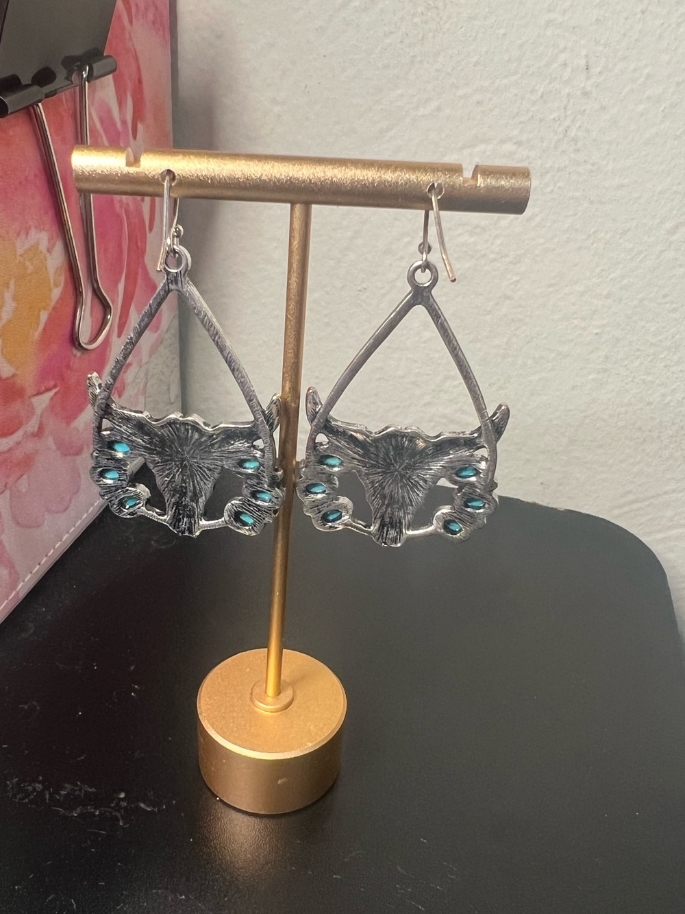 Silver-Tone Bull Skull Earrings with Turquoise Accents - Women Jewelry - Picture 2 of 2